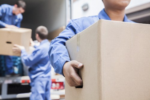 Professional house removalists in Sweden loading moving boxes into a truck