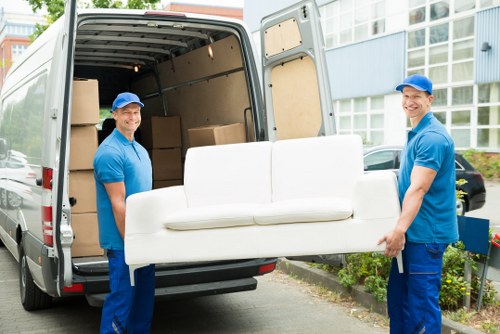 Commercial relocation planning in Sweden with moving boxes and office equipment